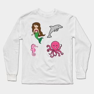 Pink Mermaid and Friends Stickers Long Sleeve T-Shirt